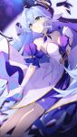  1girl aqua_eyes asymmetrical_gloves bare_shoulders bracelet breasts cleavage closed_mouth detached_sleeves dress earrings gloves hair_between_eyes halo head_wings highres honkai:_star_rail honkai_(series) jewelry long_hair looking_to_the_side purple_dress qi_di_xiong robin_(honkai:_star_rail) short_sleeves solo two-tone_dress uneven_gloves white_dress white_gloves white_wings wings 