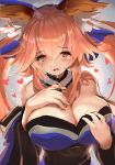  1girl animal_ear_fluff animal_ears bare_shoulders breasts cleavage embarrassed fang fate/extra fate_(series) fox_ears grey_background highres large_breasts long_hair looking_at_viewer open_mouth orange_hair skin_fang tamamo_(fate) tamamo_no_mae_(fate/extra) thyr twirling_hair very_long_hair wide_sleeves yellow_eyes 