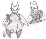 areola arthropod belly big_breasts black_body breasts clothed clothing collar collar_only cracked cracks dragon-heart english_text female fingers holding_breast holding_melee_weapon holding_object holding_sword holding_weapon hollow_knight horn melee_weapon multi_horn nail_(weapon) nipples nude solo standing sword team_cherry text thick_thighs traditional_media_(artwork) vessel_(species) weapon widow_(dragon-heart) wings