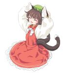  1girl :d animal_ear_fluff animal_ear_piercing animal_ears arms_up blush bow bowtie brown_hair cat_ears cat_tail chen closed_eyes commentary_request earrings flat_chest forked_tail from_above full_body hands_on_own_head happy hat jewelry long_sleeves mob_cap nekomata open_mouth puffy_long_sleeves puffy_sleeves red_skirt red_vest s-a-murai short_hair simple_background single_earring skirt skirt_set smile solo tail touhou vest white_background white_bow white_bowtie 