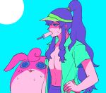  1boy blue_background food food_in_mouth green_hat hand_on_own_hip harley_(pokemon) hat high_ponytail kk_buc long_hair male_focus open_clothes open_shirt pokemon pokemon_(anime) pokemon_(creature) pokemon_rse_(anime) popsicle popsicle_in_mouth purple_hair short_sleeves sidelocks sweat very_long_hair visor_cap wigglytuff 