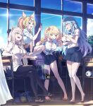  4girls ahoge alternate_costume animal_ears arm_under_breasts black_pantyhose blonde_hair blue_hair blue_skirt blue_sky breasts cellphone character_doll classroom commentary_request covering_breasts covering_privates fox_ears full_body green_eyes grey_hair groping_motion heart heart_ahoge highres hololive indoors large_breasts licking_lips lion_ears lion_girl lion_tail long_hair loup miniskirt momosuzu_nene multicolored_hair multiple_girls nekko_(momosuzu_nene) nepolabo omaru_polka open_mouth pantyhose phone pink_hair pleated_skirt pointy_ears purple_eyes school_uniform scrunchie shirt shishiro_botan shoes short_sleeves sitting skirt sky sleeves_rolled_up smartphone smile ssrb_(shishiro_botan) streaked_hair tail thighhighs tongue tongue_out twintails uwabaki very_long_hair virtual_youtuber white_shirt white_thighhighs window wrist_scrunchie yukihana_lamy yukimin_(yukihana_lamy) zain_(omaru_polka) zettai_ryouiki 