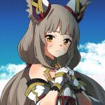  1girl :&lt; animal_ear_fluff animal_ears bare_shoulders blue_sky blush brown_eyes brown_hair closed_mouth cloud commentary day detached_sleeves dress facial_mark gloves highena highres holding holding_own_hair long_hair long_sleeves looking_at_viewer low_twintails nia_(blade)_(xenoblade) nia_(xenoblade) outdoors own_hands_together sky solo twintails white_dress white_gloves white_sleeves wide_sleeves xenoblade_chronicles_(series) xenoblade_chronicles_2 
