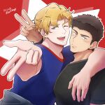  2boys :d ao_isami arm_around_neck bara black_hair blonde_hair blush couple facial_hair from_side hellllbang highres large_pectorals lewis_smith looking_at_viewer male_focus multiple_boys outstretched_arm pectorals shy sideburns_stubble smile stubble thick_eyebrows upper_body v yaoi yuuki_bakuhatsu_bang_bravern 
