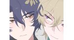  2boys blonde_hair blue_hair close-up closed_mouth dr._ratio_(honkai:_star_rail) hair_between_eyes hair_ornament heads_together highres honkai:_star_rail honkai_(series) literally1me looking_at_another male_focus multiple_boys purple_eyes red_eyes ringed_eyes short_hair simple_background smile white_background 