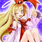  ;d bare_legs blonde_hair detached_sleeves disgaea earrings fang flonne flonne_(fallen_angel) halo jewelry leotard long_hair lowres nanashii_(soregasisan) one_eye_closed open_mouth red_eyes red_leotard smile solo 