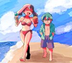  1boy 1girl bare_shoulders beach bikini breasts brown_hair closed_eyes closed_mouth cloud cloudy_sky drew_(pokemon) food full_body green_hair hands_in_pockets holding holding_food holding_ice_cream ice_cream ice_cream_cone kk_buc may_(pokemon) open_clothes open_mouth open_shirt pokemon pokemon_(anime) pokemon_rse_(anime) purple_shorts red_bikini shorts sky swimsuit walking 
