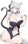  1girl absurdres animal_ears black_bow black_leotard blue_eyes blush bow braid breasts cat_ears cat_tail choker cleavage fate/grand_order fate_(series) grey_hair hair_bow half_updo highres large_breasts leotard long_hair looking_at_viewer masini-mashini615 morgan_le_fay_(fate) ponytail seiza sidelocks sitting solo tail thighs very_long_hair 