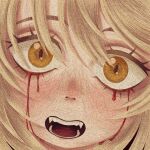  1girl blonde_hair blood blood_from_eyes close-up commentary cryptidhermit dungeon_meshi english_commentary falin_touden faux_traditional_media hair_between_eyes highres looking_at_viewer open_mouth slit_pupils solo spoilers teeth yellow_eyes 