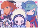  !? 2girls 3boys :o abe_(kumayu) black_eyes blue_mittens blue_scarf blush_stickers closed_mouth commentary_request cosplay crown earrings epaulettes eyelashes gloves green_eyes grey_pupils grusha_(pokemon) hands_up headband heart highres hood hoodie index_finger_raised jacket jewelry letterboxed long_sleeves looking_at_viewer mittens multiple_boys multiple_girls nate_(champion)_(pokemon) nate_(pokemon) nate_(pokemon)_(cosplay) official_alternate_costume open_mouth orange_headband partially_fingerless_gloves pokemon pokemon_bw2 pokemon_masters_ex pokemon_sv pokemon_swsh poppy_(pokemon) raihan_(pokemon) rika_(pokemon) scarf striped_clothes striped_scarf undercut yellow_jacket 