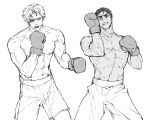  2boys abs ao_isami bara boxing_gloves bruise bruised_eye couple cowboy_shot facial_hair greyscale highres injury large_pectorals lewis_smith male_focus monochrome multiple_boys muscular muscular_male navel nipples pectorals poyosoftware sideburns_stubble stomach stubble thick_eyebrows topless_male wrestling_outfit yaoi yuuki_bakuhatsu_bang_bravern 