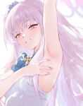  1girl :d absurdres arm_up armpit_focus armpits blue_archive blush bow bowtie breasts commentary dress hair_bun halo highres long_hair looking_at_viewer maqin mika_(blue_archive) open_mouth pink_halo presenting_armpit purple_eyes purple_hair sideboob simple_background single_side_bun sleeveless sleeveless_dress smile solo sparkle sweat sweaty_armpits symbol-only_commentary upper_body white_background 