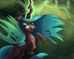  changeling fangs female feral friendship_is_magic green_eyes green_hair hair horn long_hair looking_at_viewer magic my_little_pony queen_chrysalis_(mlp) ric-m solo wings 