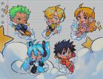 2girls 3boys absurdres black_footwear black_gloves black_hair black_shorts blonde_hair blue_eyes blue_gloves boots chibi cloud crossover curly_eyebrows gloves green_hair grey_jacket hair_over_one_eye hatsune_miku headphones highres jacket lined_paper long_hair looking_at_viewer monkey_d._luffy multiple_boys multiple_girls nami_(one_piece) one_eye_closed one_piece open_clothes open_jacket open_mouth orange_hair pink_footwear red_footwear red_gloves roronoa_zoro sainttufa sanji_(one_piece) scar scar_across_eye shirt short_hair short_sleeves shorts shoulder_tattoo sparkle star_(symbol) tattoo twintails very_long_hair vocaloid yellow_shirt 