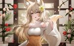  1girl :d animal_ear_fluff animal_ears arm_at_side bare_shoulders blush breasts brown_eyes collarbone erbium falling_petals fang floating_hair flower gradient_hair hair_between_eyes hair_flower hair_lift hair_ornament hand_in_own_hair hand_up highres light_brown_hair long_hair long_sleeves looking_at_viewer medium_breasts multicolored_hair off-shoulder_shirt off_shoulder open_mouth original petals plant potted_plant red_flower shirt short_eyebrows smile solo tail tail_raised thick_eyebrows upper_body white_flower white_shirt white_sleeves wide_sleeves window yellow_flower 