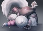 anthro anus arcanine ball_bulge big_butt biped butt cock_vore erection fluffy fluffy_tail fur generation_1_pokemon genitals green_eyes grey_body grey_fur hi_res male motion_lines nintendo olty penile penis pokemon pokemon_(species) simple_background solo tail vore