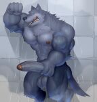 abs anthro balls bathing biceps canid canine canis fleshformomo fur genitals hi_res male mammal masturbation muscular muscular_anthro muscular_male nipples pecs penis showering solo tail vein veiny_penis wolf