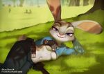 2024 anthro areola belt biped breasts disney female fur grey_body grey_fur judy_hopps lagomorph leporid looking_at_viewer lying mammal navel on_side open_belt purple_eyes rabbit scut_tail short_tail smile sniffsnorf solo tail text under_boob url zootopia