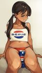  1girl between_thighs brand_name_imitation brown_eyes brown_hair can dark-skinned_female dark_skin driftingtiger drink_can grin hair_bobbles hair_ornament highres long_hair looking_to_the_side navel original panties red_panties shirt sleeveless sleeveless_shirt smile soda_can solo strap_slip thighs twintails underwear white_shirt 