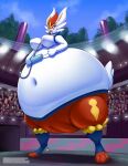 2024 air_inflation air_pump anthro belly belly_expansion belly_inflation big_belly big_breasts big_butt big_pussy bimbo_lip blush bottomwear breasts butt butt_expansion camel_toe cinderace clothing cloud colored crowd deep_navel digital_media_(artwork) expansion featureless_breasts female generation_8_pokemon genital_expansion genitals group hi_res holding_object hose_in_mouth hose_inflation huge_belly huge_breasts huge_butt huge_lips hyper hyper_belly hyper_butt hyper_genitalia hyper_inflation hyper_pussy inflation inflation_fetish lagomorph leporid long_ears looking_down looking_down_at_self mammal milkybody monobutt monobutt_expansion motion_lines navel nintendo pants plant pokemon pokemon_(species) pussy pussy_expansion rabbit red_bottomwear red_clothing red_eyes red_nose red_pants scut_tail shaded short_tail signature sky solo stadium swelling tail thick_thighs tree white_body white_ears white_tail yellow_inner_ear