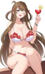  +_+ 1girl bikini blue_eyes blush breasts brown_hair chinese_knot cup floral_print flower-shaped_pupils food fruit hair_ornament hair_rings hairpin highres holding holding_cup large_breasts lemon lemon_slice long_hair looking_at_viewer multicolored_hair multiple_hairpins navel one_eye_closed open_mouth pink_pupils red_hair senran_kagura sitting smile streaked_hair surippa1010 swimsuit symbol-shaped_pupils toki_(senran_kagura) very_long_hair white_background white_bikini wristband 