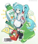  1girl alternate_costume apron barcode basket bell_pepper black_skirt blue_eyes blue_hair bottle carrot full_body grey_jacket hatsune_miku highres holding jacket long_hair looking_at_viewer pleated_skirt poppippoo_(vocaloid) potato skirt smile solo spring_onion tomato twintails u_nyam vegetable_juice very_long_hair vocaloid zipper_pull_tab 