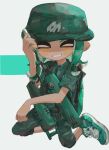  1girl bucket_hat closed_eyes green_footwear green_hat gun hat holding holding_gun holding_weapon hwtr_06 ink_tank_(splatoon) jet_squelcher_(splatoon) kneeling medium_hair octoling octoling_girl octoling_player_character shoes simple_background smile solo splatoon_(series) splatoon_3 tentacle_hair weapon white_background 