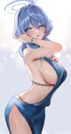  1girl :o adjusting_hair ako_(blue_archive) ako_(dress)_(blue_archive) arched_back bare_shoulders blue_archive blue_dress blue_eyes blue_hair blue_halo blush bracelet breasts commentary_request dress from_side hair_between_eyes hairband halo jewelry large_breasts long_hair looking_at_viewer maru_hatena official_alternate_costume open_mouth partial_commentary purple_nails raised_eyebrows revealing_clothes side_slit sideboob sideless_dress single_hair_intake solo 