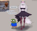 absurd_res alternative_fashion amphibian anthro avian beak bird bottomwear bottomwear_pull breasts choker clothing clothing_pull crown demon dialogue duo feathers feet female frog goth headgear helluva_boss hi_res jewelry larger_female legwear male mature_female meme nails necklace pepe_the_frog red_sclera size_difference skirt skirt_pull small_waist stella_(helluva_boss) sunstripe tagme talons text thigh_highs toes
