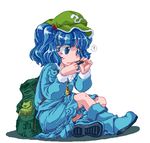  ? backpack bag blue_eyes blue_hair gaia_memory hair_bobbles hair_ornament hat kawashiro_nitori key lowres maman pixel_art short_hair short_twintails simple_background sitting skirt solo touhou twintails two_side_up white_background 
