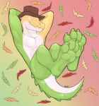 3dinoz 4_toes anthro claws clothing crocodilian feet foot_focus glitch_productions gummigoo_(tadc) hat headgear headwear hi_res low-angle_view pawpads reclining reptile scalie smile solo the_amazing_digital_circus toe_claws toes view
