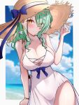  1girl alternate_costume bare_shoulders beach blush breasts ceres_fauna cleavage closed_mouth collarbone dress flower green_hair hair_flower hair_ornament hat highres hololive hololive_english kogekoge1207 large_breasts leaning_to_the_side long_hair looking_at_viewer ocean outside_border sky sleeveless sleeveless_dress smile solo straw_hat sundress virtual_youtuber watch white_dress yellow_eyes 
