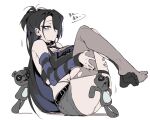  1girl black_hair black_nails black_socks blue_hair breasts clothes_writing crossed_legs detached_sleeves doppel_(bonnypir) ear_piercing fishnets full_body grey_thighhighs hair_over_one_eye highres korean_text long_hair mole mole_under_eye original piercing short_shorts shorts simple_background single_sock single_thighhigh sitting socks striped_sleeves stuffed_animal stuffed_toy teddy_bear thighhighs torn_clothes torn_thighhighs translation_request very_long_hair white_background 