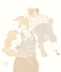 abs anthro barazoku biceps big_muscles body_hair canid canine canis chest_hair claws clothed clothing domestic_dog duo feet finger_claws fur hairy hi_res holding_another male male/male mammal multicolored_body multicolored_fur muscular muscular_anthro muscular_male nipples pecs pinumontbalou story story_in_description tight_clothing toe_claws vein veiny_muscles wolf