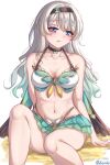  1girl :t absurdres aqua_hair arm_support artist_name bare_arms bare_shoulders bikini black_choker black_hairband blue_eyes blush breasts choker cleavage collarbone commentary_request feet_out_of_frame firefly_(honkai:_star_rail) gradient_hair grey_hair hairband highres honkai:_star_rail honkai_(series) long_hair mismatched_bikini multicolored_hair navel shihasuki simple_background sitting solo stomach swimsuit thighs very_long_hair white_background 
