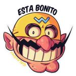  1boy absurdres alexismc2 alternate_costume artist_name black_eyes commentary commentary_typo english_commentary facial_hair head_only highres instagram_username looking_at_viewer male_focus mask mixed-language_commentary mustache pointy_ears smile solo spanish_commentary spanish_text teeth translated wario wario-man warioware 