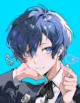  1boy absurdres bibi_booom black_jacket blue_background blue_eyes blue_hair blush closed_mouth collared_shirt gekkoukan_high_school_uniform hair_between_eyes hand_on_own_cheek hand_on_own_face heart highres jacket long_sleeves looking_at_viewer male_focus musical_note neck_ribbon persona persona_3 ribbon school_uniform shirt simple_background solo sparkle upper_body white_shirt yuuki_makoto_(persona_3) 
