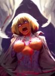  1girl artist_name blonde_hair blood blood_on_body blood_on_chest breasts dungeon_meshi falin_touden falin_touden_(chimera) feathered_wings feathers glowing glowing_eyes hair_between_eyes highres looking_at_viewer medium_breasts monster_girl monsterification navel open_mouth shibbunny shirt short_hair slit_throat solo tearing_clothes torn_clothes upper_body white_feathers white_shirt wings yellow_eyes 