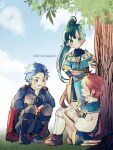  1girl 2boys against_tree blue_eyes blue_footwear blue_hair blue_sky boots brown_footwear cape closed_eyes closed_mouth cloud commentary_request eliwood_(fire_emblem) fire_emblem fire_emblem:_the_blazing_blade gold_trim green_eyes hand_on_own_hip hector_(fire_emblem) high_ponytail jewelry long_hair lyn_(fire_emblem) multiple_boys necklace open_mouth red_cape red_hair shinchinagachi sitting sky smile squatting tree 