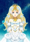  bad_id bad_pixiv_id bare_shoulders blonde_hair blue_eyes crown dress flower gloves gown gruier_serenity kisaco_a lips long_hair milky_way miniskirt_pirates princess rose sky solo star_(sky) starry_sky white_dress white_gloves 