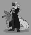anthro biped boots bow_(bowhuskers) canid canine canis capcom clothing coat duo eyes_closed footwear fur grey_body grey_fur hat headgear headwear hi_res hug lagiacrus leviathan_(mh) male mammal monochrome monster_hunter simple_background sparkcepts tail thick_tail topwear wolf