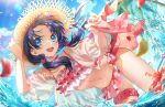 1girl :d adjusting_clothes adjusting_headwear bikini blue_eyes blue_hair blue_sky blurry blurry_foreground breasts dark_blue_hair floral_print floral_print_bikini flower frilled_bikini frills game_cg hair_flower hair_ornament hat hibiscus hibiscus_print highres jacket jacket_over_swimsuit leaning_forward link!_like!_love_live! long_hair looking_at_viewer love_live! low_twintails mole mole_on_neck murano_sayaka navel official_art open_clothes open_jacket open_mouth palm_tree pink_bikini pink_flower pink_sarong pink_scrunchie sarong scrunchie see-through see-through_jacket sky small_breasts smile solo splash!!!!_(love_live!) standing stomach straw_hat swimsuit teeth thigh_scrunchie third-party_source tree twintails upper_teeth_only virtual_youtuber wet white_bikini 