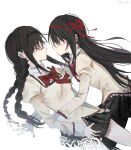  2girls akemi_homura artist_name axy_cang black_hair black_hairband black_pantyhose black_skirt bow bowtie braid brown_jacket earrings from_side glasses hair_ribbon hairband highres jacket jewelry juliet_sleeves long_hair long_sleeves looking_at_another mahou_shoujo_madoka_magica mahou_shoujo_madoka_magica:_hangyaku_no_monogatari mahou_shoujo_madoka_magica_(anime) mitakihara_school_uniform multiple_girls pantyhose plaid plaid_skirt profile puffy_sleeves red-framed_eyewear red_bow red_bowtie red_ribbon ribbon school_uniform simple_background skirt twin_braids white_background 