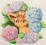  :3 animal_focus black_eyes blue_flower bright_pupils closed_mouth flower hydrangea marker_(medium) no_humans pink_flower pokemon pokemon_(creature) purple_flower solo sukoru traditional_media vulpix white_pupils 