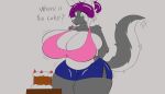 alexis-01 anthro big_breasts bottomwear bra breasts cake canid canine canis clothing dessert female fluffy fluffy_tail food fur green_eyes grey_body grey_fur hair hi_res mammal purple_hair ribbon_(bowhuskers) shorts solo tail underwear wolf