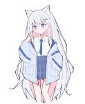  1girl :| absurdres animal_ear_fluff animal_ears ayatsuno_yuni belt blue_belt blue_necktie blue_skirt blush breasts cat_ears closed_mouth collared_shirt commentary_request cropped_legs dot_nose extra_ears finger_to_face furrowed_brow grey_hair grey_jacket hair_behind_ear hair_ornament hairclip hand_in_pocket hand_up head_tilt highres jacket long_hair long_sleeves medium_breasts miniskirt morphling_(artist) necktie off_shoulder open_clothes open_jacket plaid plaid_skirt pleated_skirt puffy_long_sleeves puffy_sleeves purple_eyes shirt shirt_tucked_in simple_background skirt solo standing star-shaped_pupils star_(symbol) stellive symbol-shaped_pupils thick_eyelashes very_long_hair virtual_youtuber white_background white_shirt 