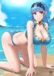  1girl absurdres all_fours ass bad_proportions beach bikini blue_bikini blue_hair blue_nails blue_sky breasts cleavage cloud day fire_emblem fire_emblem:_three_houses fire_emblem_heroes fire_emblem_warriors:_three_hopes gold_trim gorget grin hairband highres kaos_art large_breasts long_hair marianne_von_edmund marianne_von_edmund_(summer) nail_polish ocean official_alternate_costume outdoors purple_eyes sky smile solo swimsuit thighs water wavy_hair 
