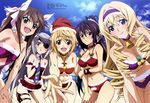  :&lt; :d absurdres ass_visible_through_thighs bell bell_collar bikini black_hair blonde_hair blue_eyes breasts brown_hair cecilia_alcott charlotte_dunois christmas cleavage closed_mouth cloud collar day detached_collar drill_hair eyepatch fang flat_chest green_eyes hair_ribbon hairband hands_on_thighs hashimoto_takayoshi highres holding_arm holster huang_lingyin infinite_stratos jewelry laura_bodewig long_hair medium_breasts megami multiple_girls navel necktie official_art open_mouth pendant pom_pom_(clothes) ponytail purple_eyes reaching red_eyes ribbon scan shinonono_houki short_hair silver_hair sky small_breasts smile star swimsuit thigh_holster v-shaped_eyebrows wristband 