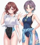  2girls aqua_eyes asakura_toru breasts brown_hair collarbone commentary_request competition_swimsuit gradient_hair highres higuchi_madoka idolmaster idolmaster_shiny_colors looking_at_viewer mole mole_under_eye multicolored_hair multiple_girls one-piece_swimsuit purple_eyes short_hair simple_background smile swimsuit swimsuit_under_clothes white_background yoo_tenchi 