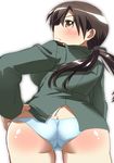  ass blush brown_eyes brown_hair butt_crack frown gertrud_barkhorn hand_on_hip highres long_hair looking_back military military_uniform panimiiru panties simple_background solo spanked strike_witches trefoil twintails underwear uniform white_panties world_witches_series 